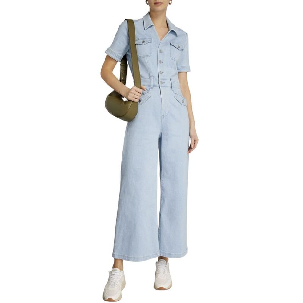 NWT, PAIGE Light Blue Denim Short-Sleeve Wide-Leg Jumpsuit